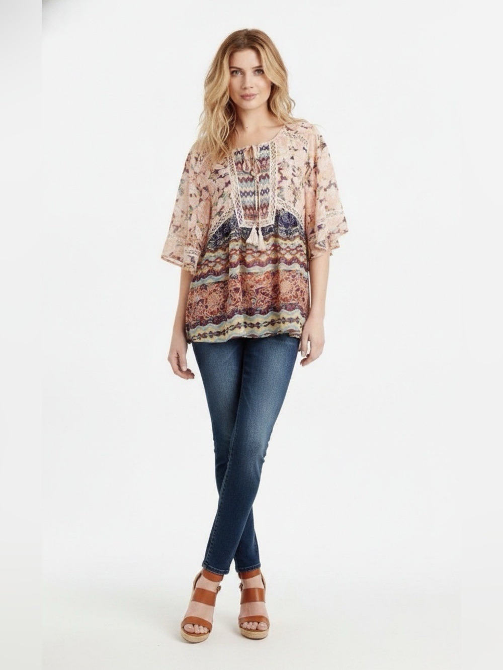 Anthropologie Meadow Rue Batai Peasant Tassel Mixed Floral Crochet Lace Top